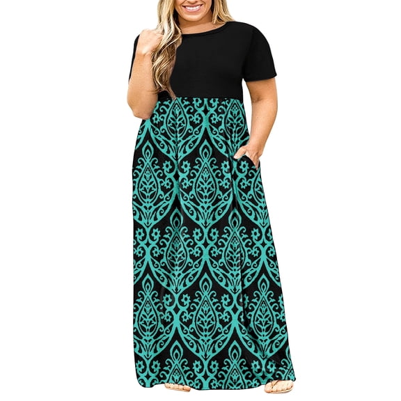 TARAINYA Women Plus Size Summer Short Sleeve Maxi Dress Casual Loose Long Dress with Pockets Round Neck Elastic Waist Solid Floral