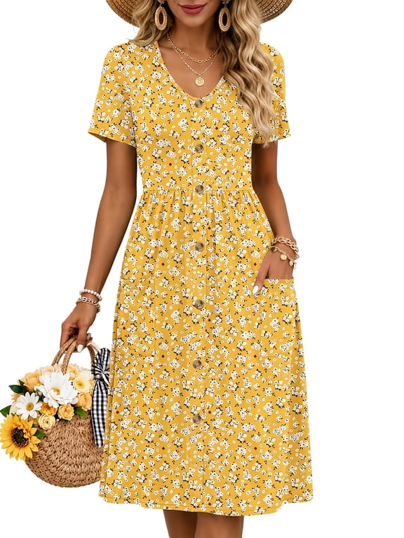 Women V Neck Short Sleeve Casual Dress with Buttons and Pockets Summer Beach Sundress