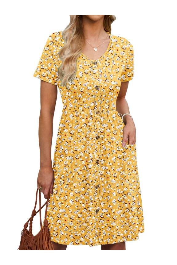 Summer Women Short Sleeve V-Neck Dresses With Buttons A-Line Pockets Sundresses Casual Knee Travel Beach Dresses