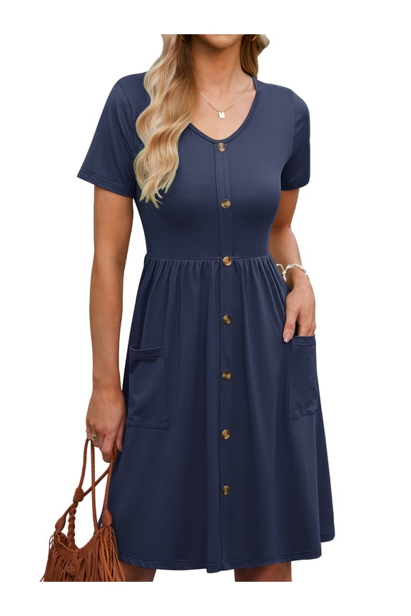 Women V Neck Short Sleeve Casual Dress with Buttons and Pockets Summer Beach Sundress