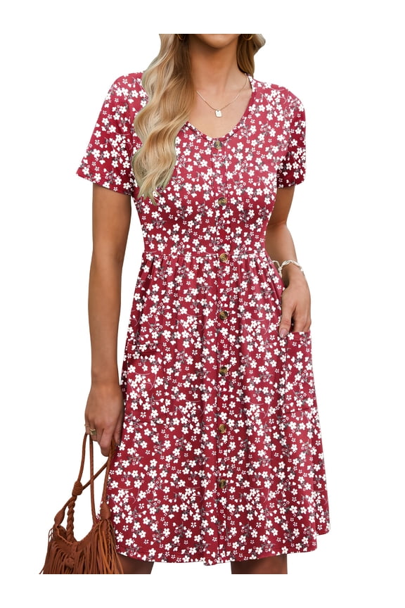 Summer Women Short Sleeve V-Neck Dresses With Buttons A-Line Pockets Sundresses Casual Knee Travel Beach Dresses