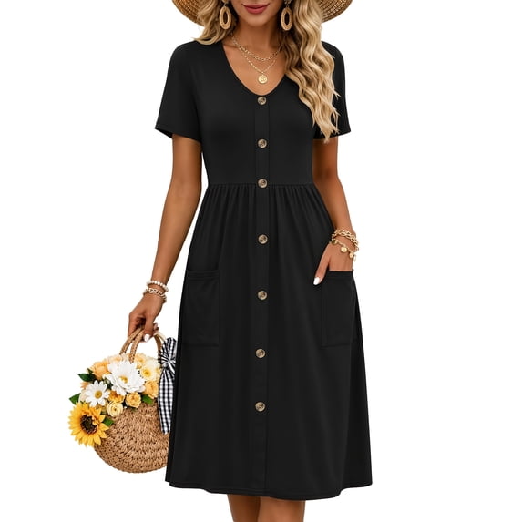 TARAINYA Women V Neck Short Sleeve Casual Dress with Buttons and Pockets Summer Beach Sundress