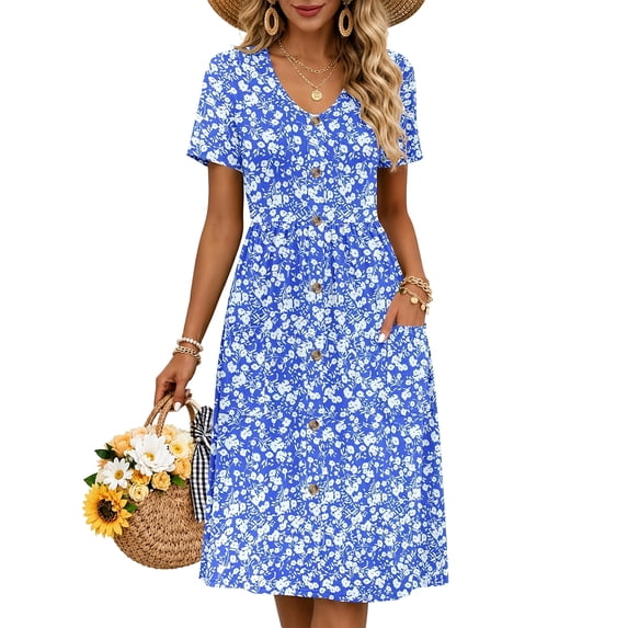 TARAINYA Women V Neck Short Sleeve Casual Dress with Buttons and Pockets Summer Beach Sundress