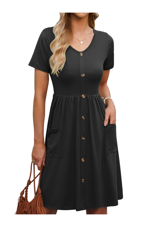 Summer Women Short Sleeve V-Neck Dresses With Buttons A-Line Pockets Sundresses Casual Knee Travel Beach Dresses