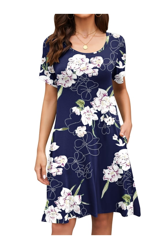 Summer Women Short Sleeve T-Shirt Dress Casual Swing Mini with Pockets Loose Pullover