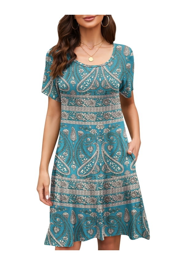 Summer Women Short Sleeve T-Shirt Dress Casual Swing Mini with Pockets Loose Pullover