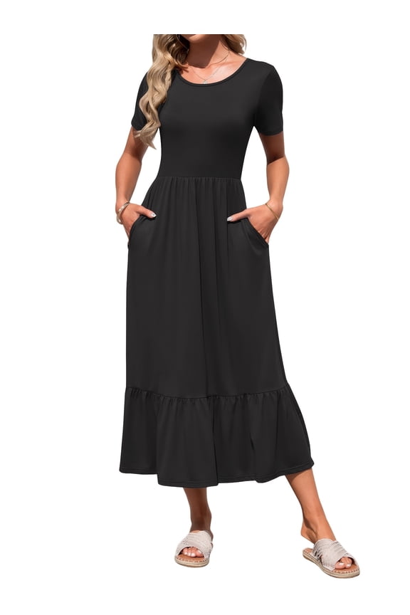 Summer Women Short Sleeve Long Dress Casual Round Neck Pocket Dress with Cascading Ruffle Hem Loose Elastic Waist Long