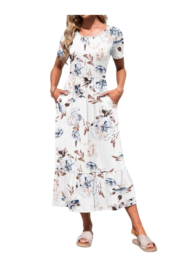 Summer Women Short Sleeve Long Dress Casual Round Neck Pocket Dress with Cascading Ruffle Hem Loose Elastic Waist Long