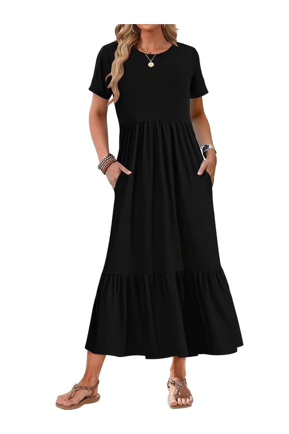 Womens Summer Dresses Short Sleeve Maxi Dress Crewneck Casual Sundresses with Pockets