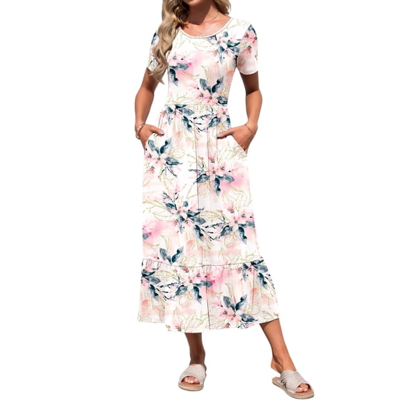 TARAINYA Summer Women Short Sleeve Long Dress Casual Round Neck Pocket Dress with Cascading Ruffle Hem Loose Elastic Waist Long