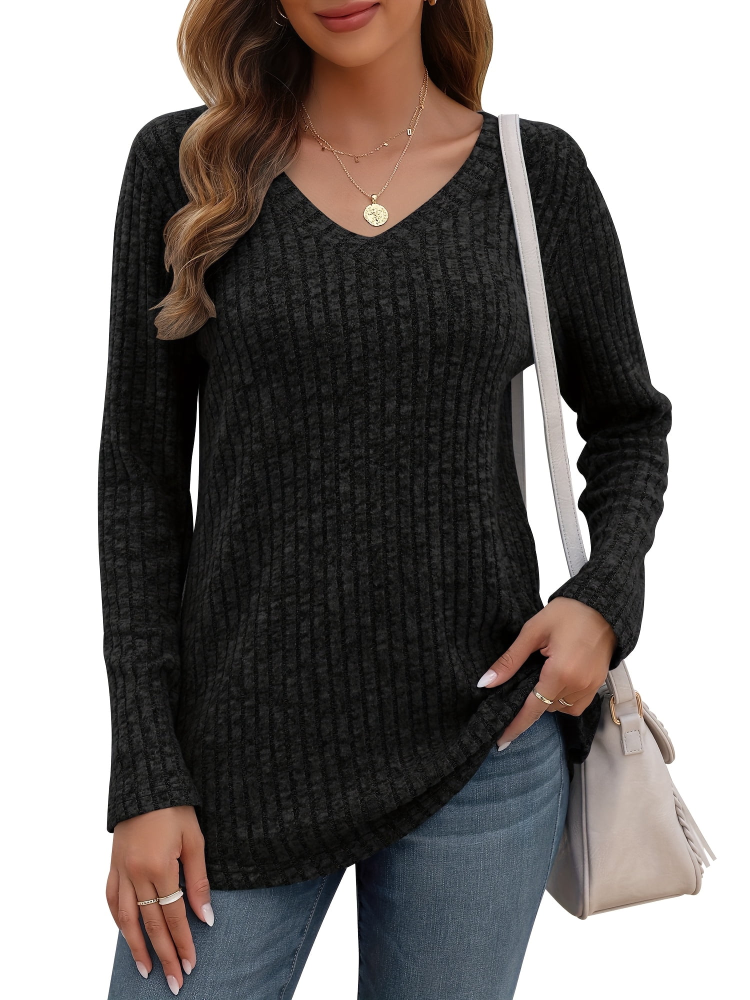 Womens Long Sleeve Tunic Tops Casual V Neck Lightweight Shirts Loose Sweatshirt