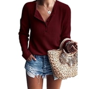 TARAINYA Womens Henley Long Sleeve Plaid Knit Button-up Shirt Blouse Top Loose Fit V-Neck Cardigan