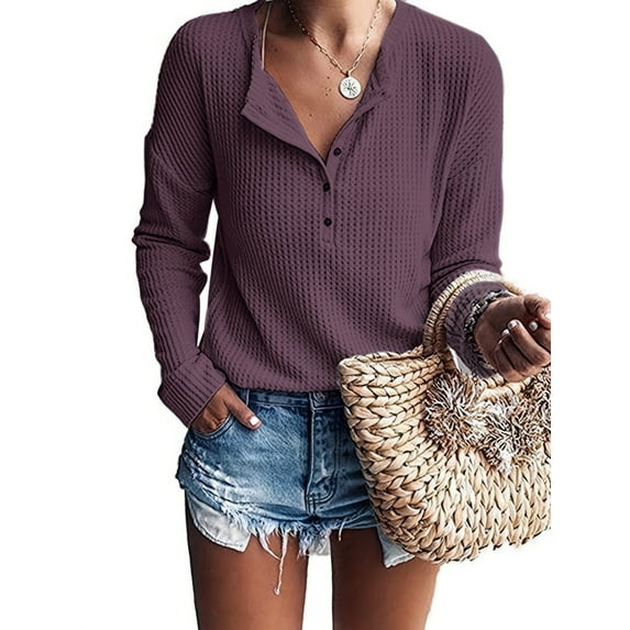 TARAINYA Womens Henley Long Sleeve Plaid Knit Button-up Shirt Blouse Top Loose Fit V-Neck Cardigan