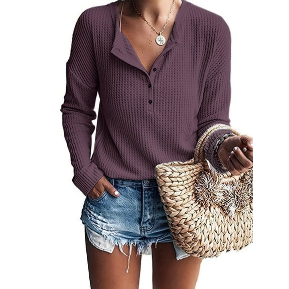 TARAINYA Womens Henley Long Sleeve Plaid Knit Button-up Shirt Blouse Top Loose Fit V-Neck Cardigan