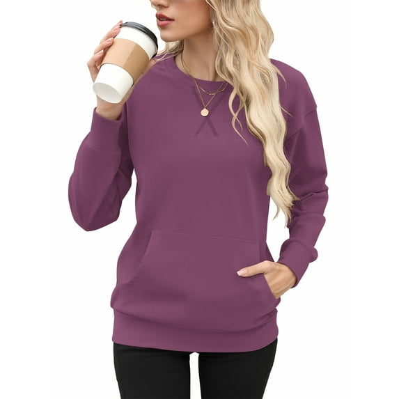 TARAINYA Women's Long-Sleeve Oversized Sweatshirt Casual Crewneck Solid-Color Pullover with Pocket Design