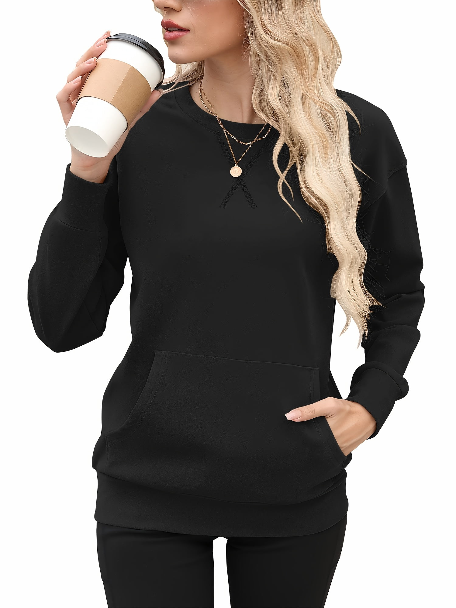 Women's Long-Sleeve Oversized Sweatshirt Casual Crewneck Solid-Color Pullover with Pocket Design