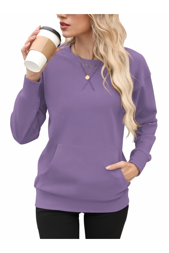 Women's Long-Sleeve Oversized Sweatshirt Casual Crewneck Solid-Color Pullover with Pocket Design