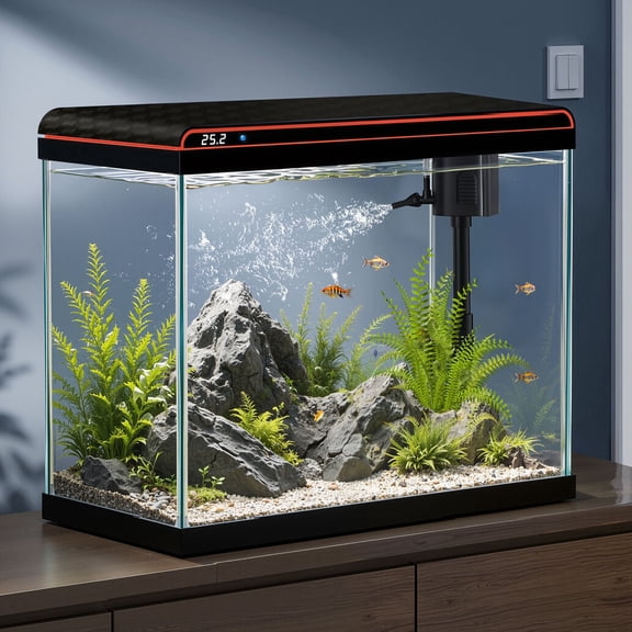 TARARIUM 20 Gallon Glass Fish Tank with Self-Cleaning Water Pump, 3-Color LED Light and Water Temperature Detection, Desktop Aquarium for Betta Goldfish Shrimp Kids Room