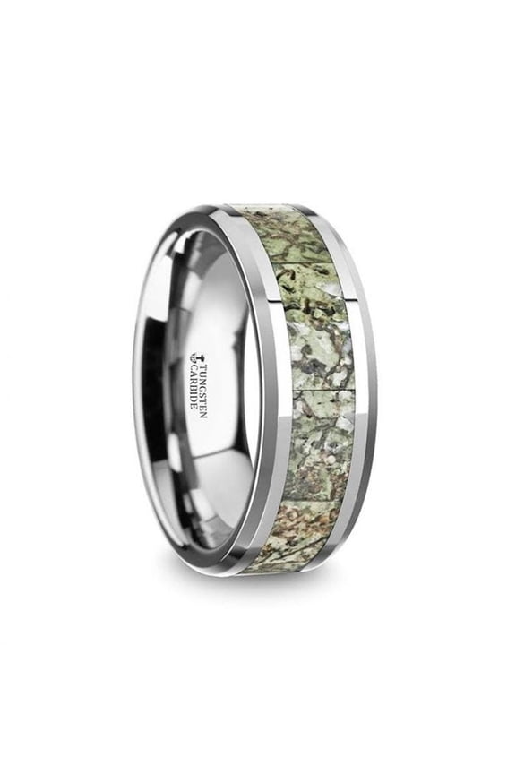 TARGARYEN Men’s Tungsten Wedding Band with Green Dinosaur Bone Inlay & Beveled Edges - 8mm