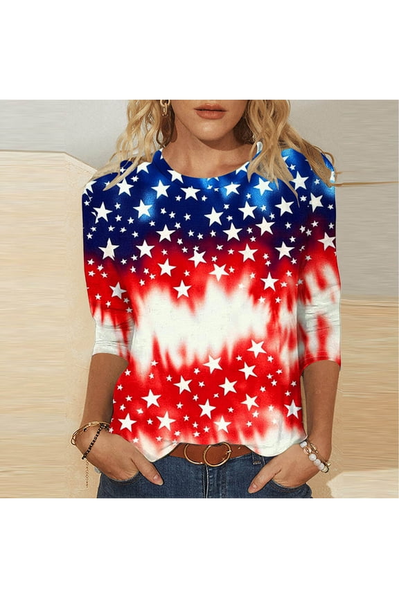 3/4 Length Sleeve Womens Shirts Independence Day Plus Size Tunic Blouses Crewneck USA Flag Graphic T Shirt Loose Fit Spring Summer Outfits Red*2 XXXXL
