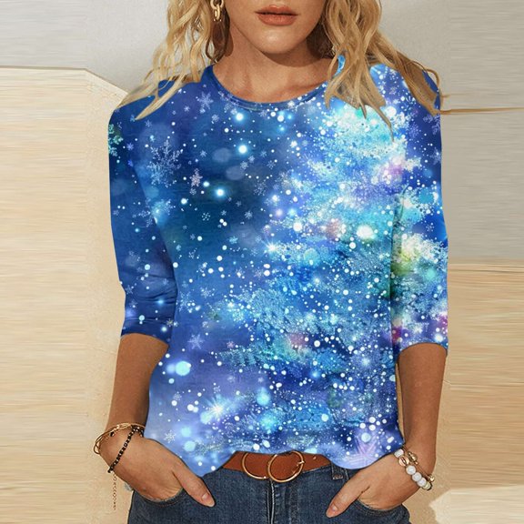 TARIENDY 3/4 Sleeve Christmas Graphic Tees for Women Trendy Xmas Holiday Family Dinner Blouses Soft Cozy Spring Fall Shirts XXL
