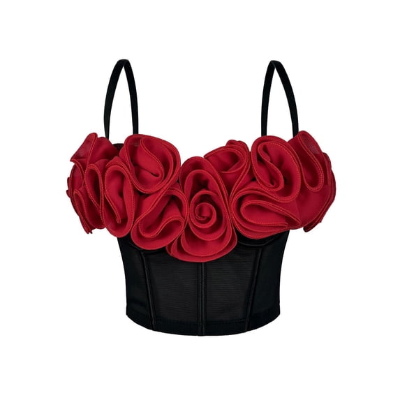 TARIENDY Boned Bustier Corset Tops for Women Breathable Mesh Bustiers with Hooks 3D Flower Ruffle Camisole Top Party Princess Bodice Red XL