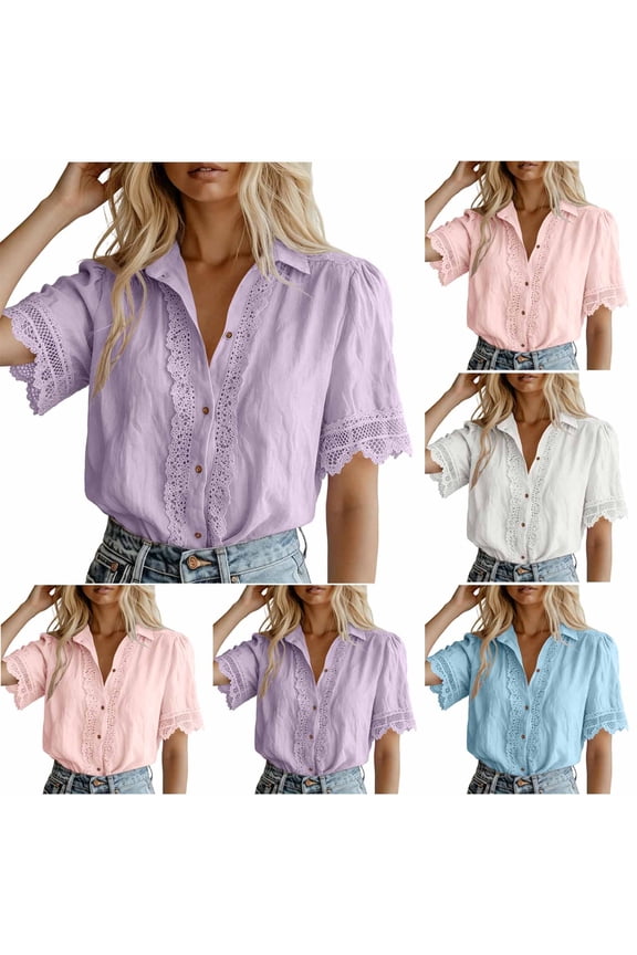 Button Down Shirts for Women Dressy Short Sleeve Lace Blouses Solid Color Lapel Business Casual Tops Pink XL