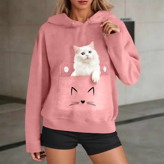 TARIENDY Cat Pouch Hoodies Women with Kangaroo Pocket Pet Carrier Large Pocket Sweatshirts Cute Hooded Pullovers Pink M