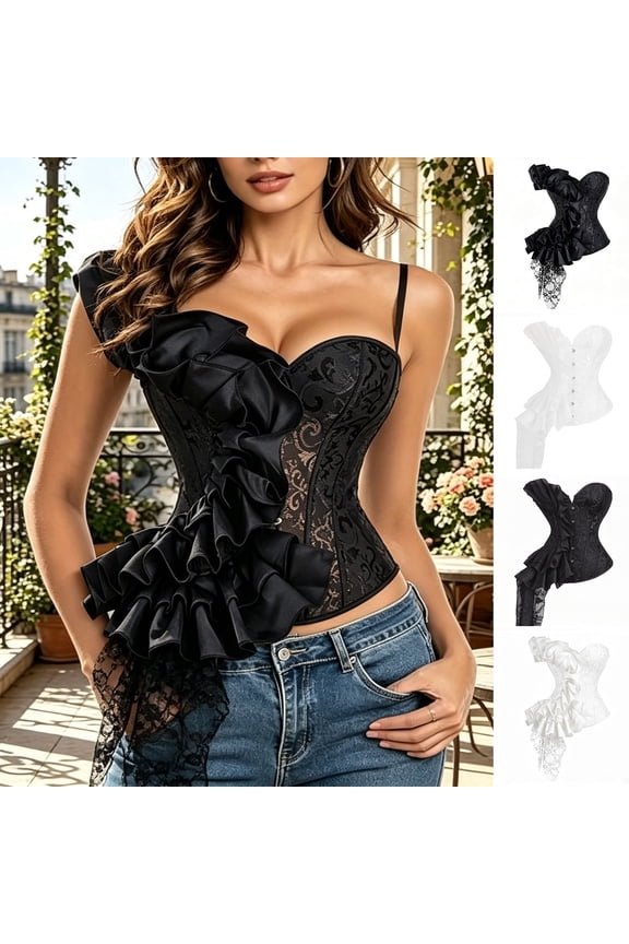 Corsets Tops for Women Going Out Elegant Ruffles Renaissance Princess Bodice Spaghetti Straps Bustier Party Clubwear Shapewear with Buckle White L