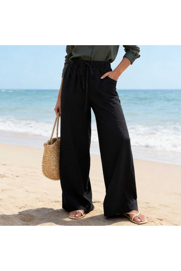 Cotton Linen Pants for Women Loose Fit Drawstring High Waist Casual Pant with Pockets Wide Leg Baggy Palazzo Trousers L