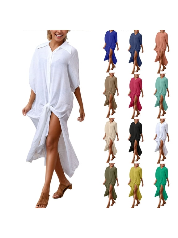 Cover Ups for Swimwear Women Cotton Button Down Maxi Shirts Dress Lightweight Bikini Bathing Suit Cover Up Loose Beach Coverups White Free Size