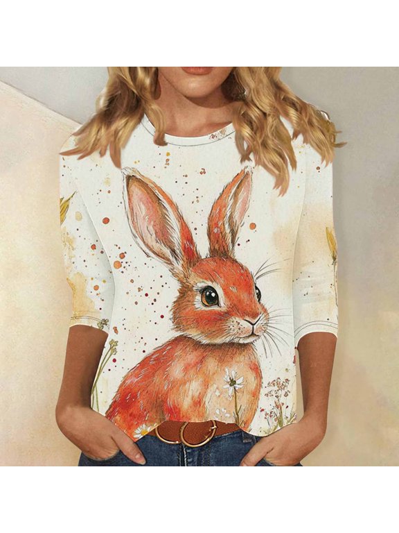 Easter 3/4 Sleeve Shirts for Women Plus Size Crewneck Bunny Printed Shirt Cute Easter Day Blouses Going Out Tops Multicolor S