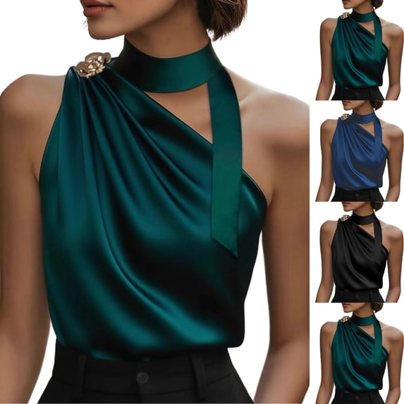TARIENDY Elegant Tank Tops for Women Sleeveless One Shoulder Blouses Dressy Casual Ruched Satin Tops with Bow Tie Black XXL