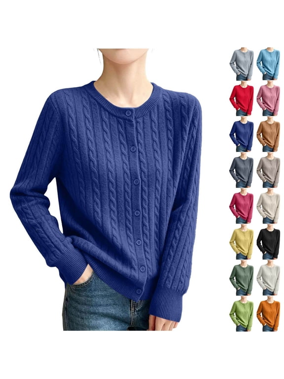 Fall Button Down Cardigan for Women Classic Fitted Cable Knit Cardigans Long Sleeve Crewneck Sweaters Coat Lightweight Cozy Warm Tops Beige L