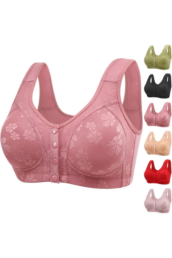 Front Closure Lace Bra for Older Women Push Up Plus Size Bras for Big Busts Wireless Full Coverage Bralette Comfortable Wide Straps Everyday Bra Pink XL