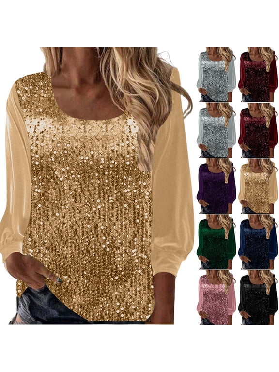 Glitter Tops for Women Night Party Sequin Sparkly Shirts for Evening Club Loose Fit U Neck Long Sleeve Blouse Shirt Navy S