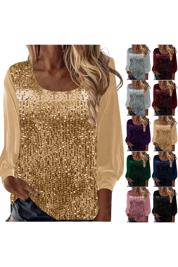 Glitter Tops for Women Night Party Sequin Sparkly Shirts for Evening Club Loose Fit U Neck Long Sleeve Blouse Shirt Wine S