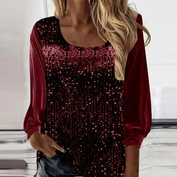 TARIENDY Glitter Tops for Women Night Party Sequin Sparkly Shirts for Evening Club Loose Fit U Neck Long Sleeve Blouse Shirt Wine XL