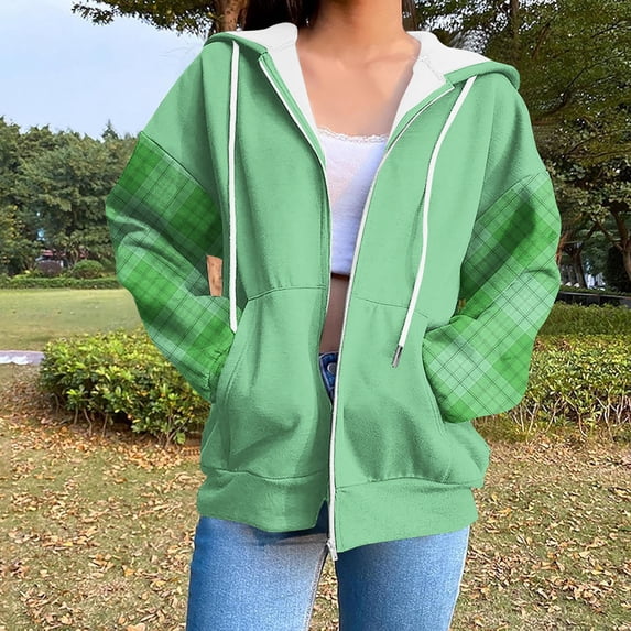 TARIENDY Hoodies for Women Zip Up Y2K Sweatshirt Jacket with Pockets Loose Drawstring Hoodie Fashion Plaid Long Sleeve Hooded Jackets Green*2 M