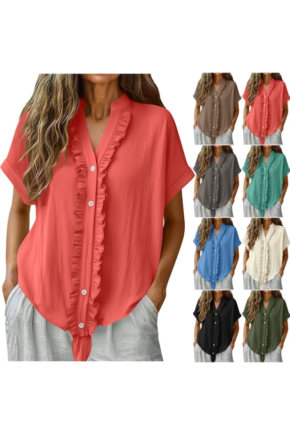 Linen Short Sleeve Shirts Ruffle Button Down Blouse Summer V Neck Shirts Lace Up Solid Tops Trendy Clothes Gray L
