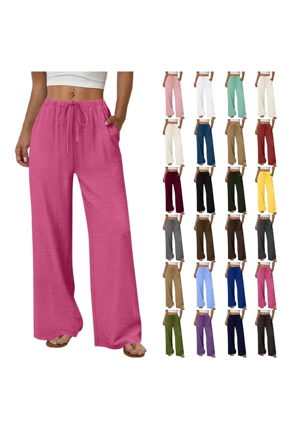 Linen Womens Pants Flowy Wide Leg Palazzo Pant Elastic Waist Summer Beach Vacation Trousers with Pockets Lounge Wear L