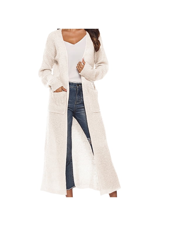 Long Cardigan Sweaters for Women Lightweight Open Front Duster Coat with Pockets Solid Long Sleeve Knit Maxi Sweater Outfits White XL