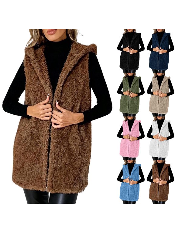 Long Fleece Vest Women Open Front Hooded Fuzzy Sherpa Cardigan Mid Length Warm Sleeveless Plush Outerwear Vests Navy L