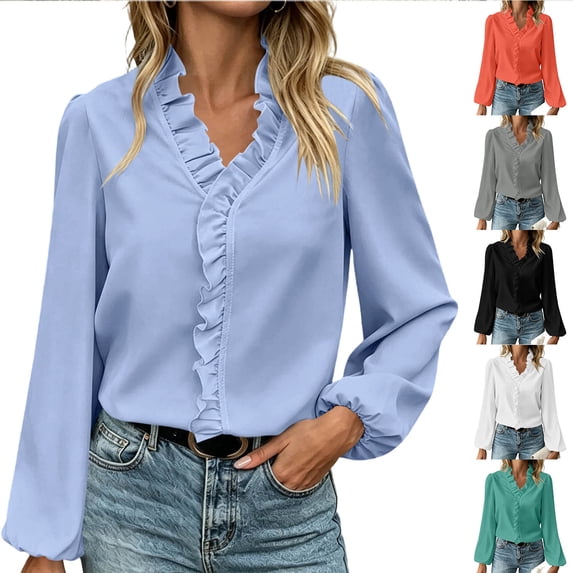 TARIENDY Long Sleeve Women Blouses Dressy Ruffles V Neck Business Casual Shirts Puff Long Sleeve Spring Fall Office Shirt Going Out Tops L