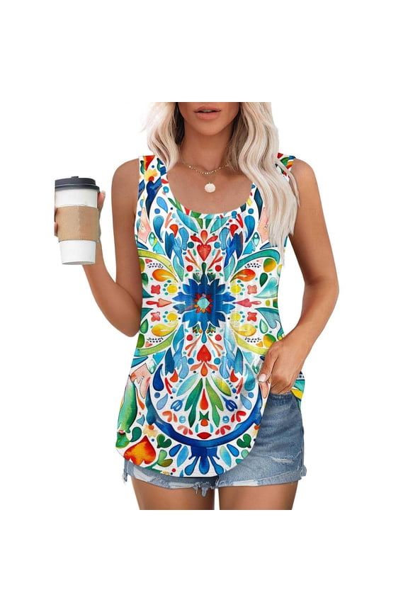 Long Tank Tops for Women Plus Size Sleeveless Graphic Tees Casual Loose Round Neck Blouses Tunic Going Out Tops Multicolor XXXL