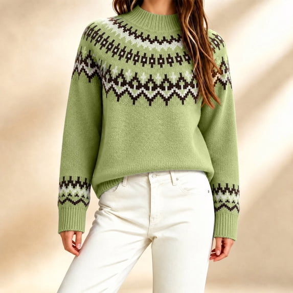 TARIENDY Mock Neck Sweater Women's Long Sleeve Wool Knit Pullover Tops Vintage Fair Isle Sweaters Fall Winter Warm Outfits M