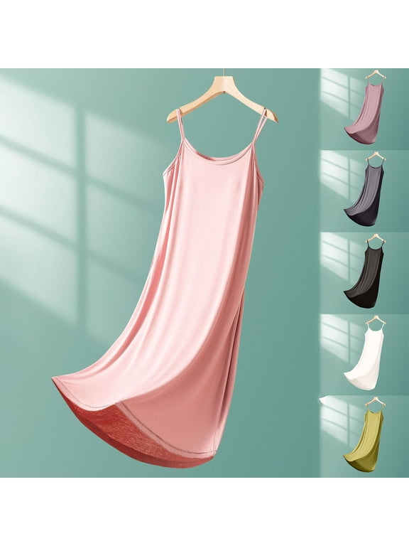 Nightgowns for Women with Built in Bra Solid Color Soft Cami Lounge Dress Spaghetti Strap Night Dress Crewneck Chemise Sleepwear Purple L