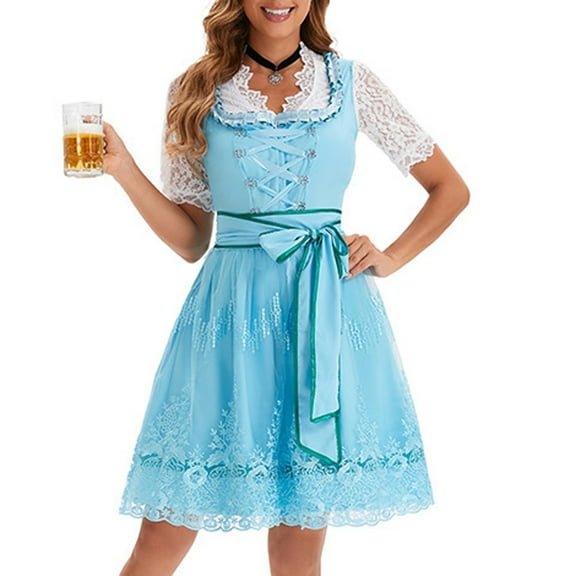 TARIENDY Oktoberfest Dresses for Women Trendy Lace Patchwork Maid Dress Munich Beer Festival Dresses Short Sleeve Belted Party Dress