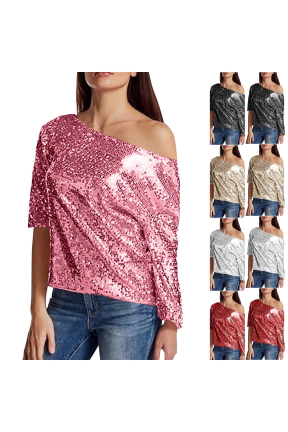 One Shoulder Tops for Women Sparkly Sequin Party Shirts Loose Fit 3/4 Sleeve Night Club Shirt Pink S