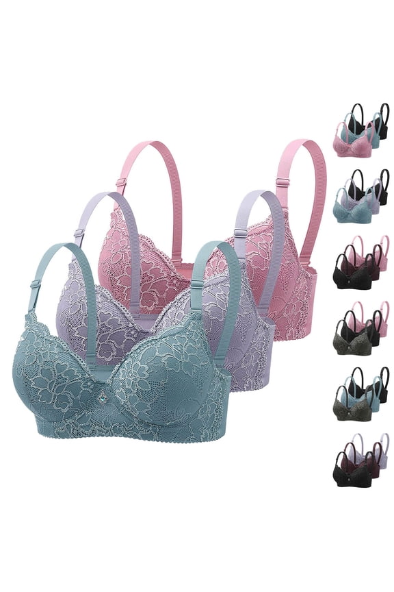 Plus Size Bra for Big Breasts Women Underwire Lace Bras Full Coverage Push Up Bralette Breathable Adjustable Straps Everyday Bra Pack of 3 Pink L